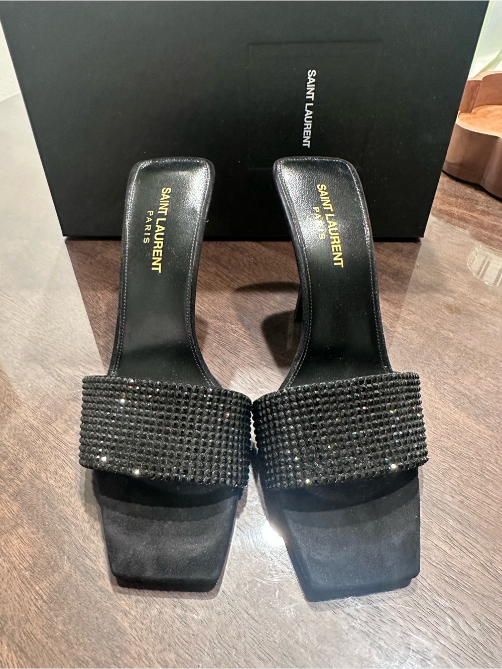 Saint Laurent Black Crystal-Embellished Slide Heels - Picture 2 of 6
